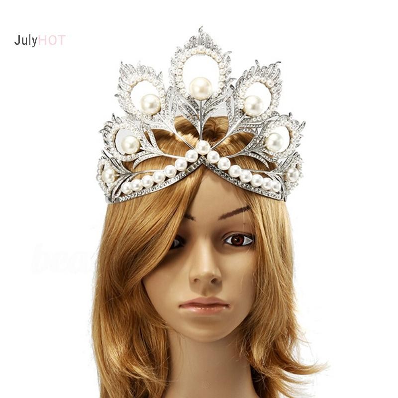 Julyhot Handmade Ngọc Trai Cô Dâu Pha Lê Tiara Tóc Lớn Vương Miện Cuộc Thi Đảng Băng Đô Massivedeals