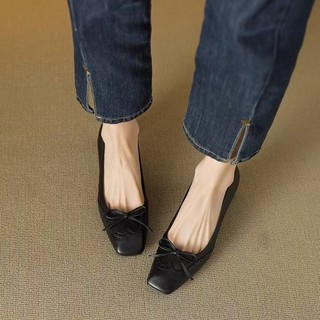 Giày cao gót mũi vuông chunky cho nữ, kiểu dáng slip-on, miệng nông, có nơ