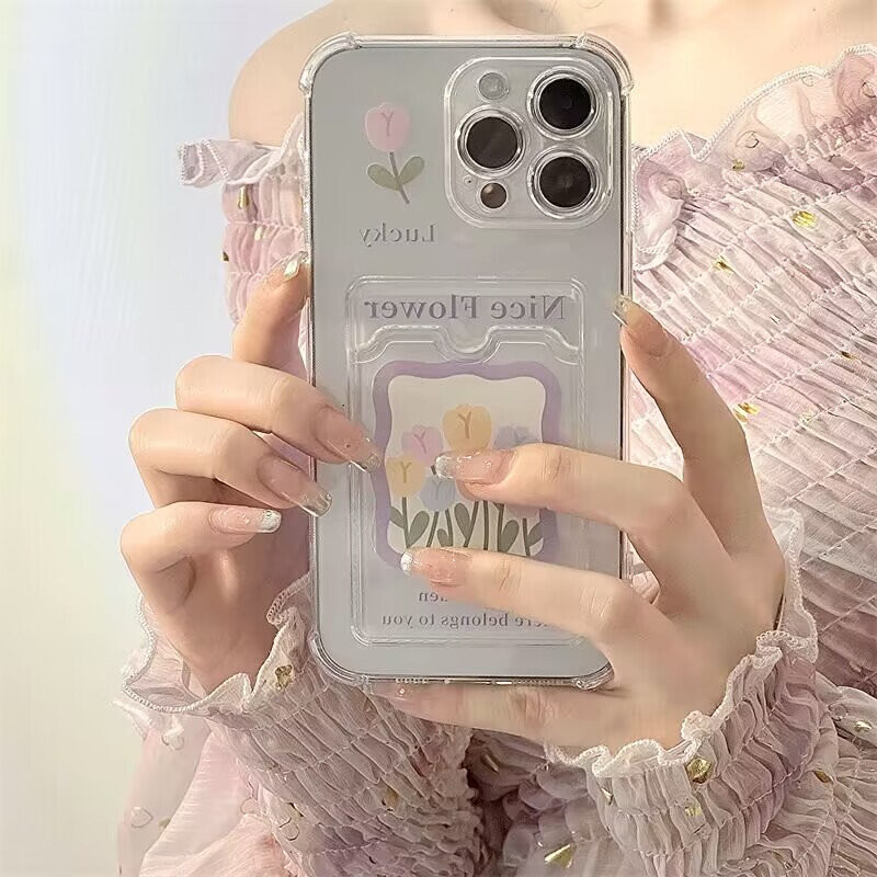 Ví Đựng Thẻ Khe Cắm Túi Điện Thoại Mềm Cho Samsung Galaxy S24 S23 S22 S21 Ultra Plus FE A54 A55 A35 A52 A52S A53 Vỏ Hoa Trong Suốt Dễ Thương Trái Tim Tình Yêu TPU Vỏ Silicon Mềm
