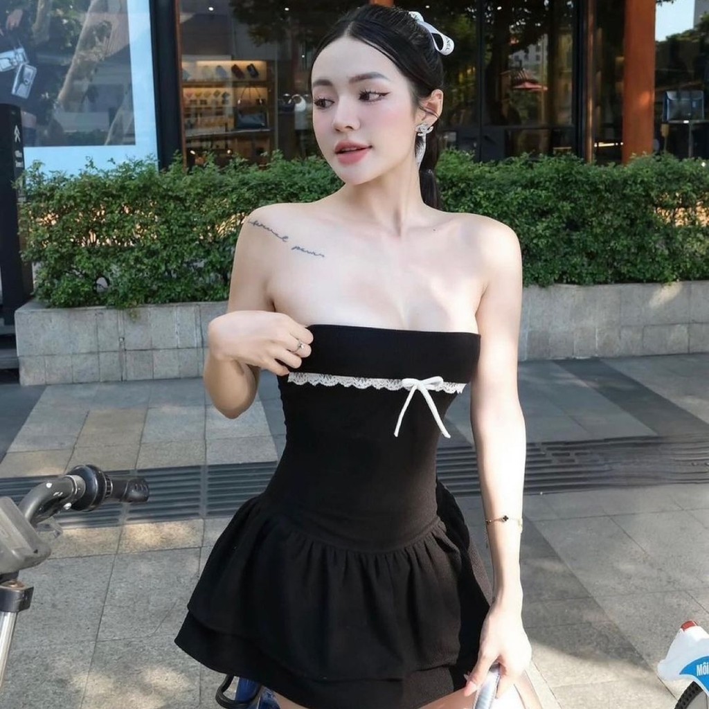(kem quan) Đầm Ống Cúp Ngực PINKSTORE29 Viền Ren Đính Nơ D128