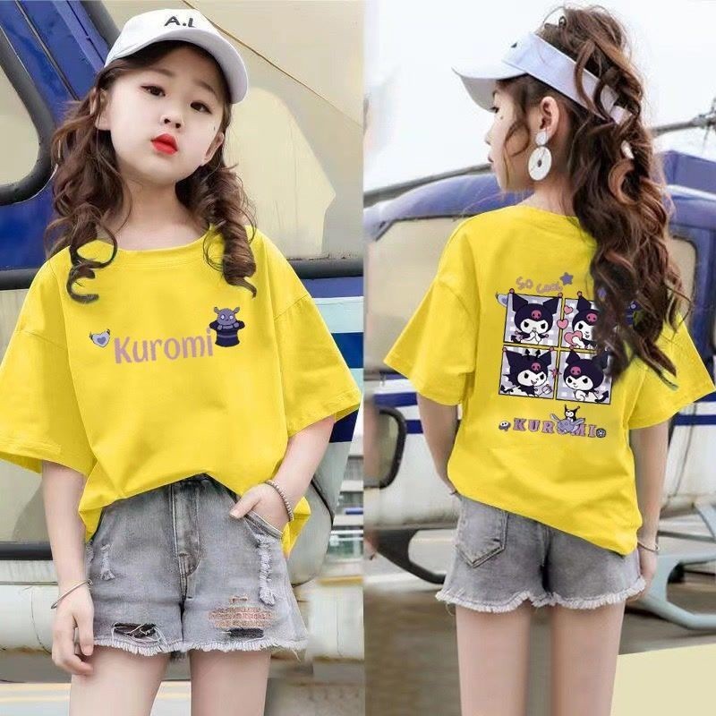Mùa Hè Kuromi Họa Tiết Hoạt Hình Áo Thun Bé Gái Họa Tiết Áo Sơ Mi Trẻ Em Hàng Ngày Tay Ngắn