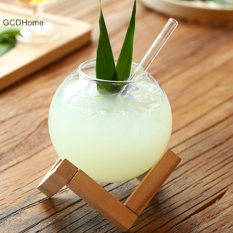 Gcdhome Cocktail Cốc Thủy Tinh Có Chân Đế Bằng Gỗ Sáng Tạo Thanh Thủy Tinh Uống Ronud Cocktail Mặt Trăng Cốc Trái Cây Nước ép Tumbler HOT
