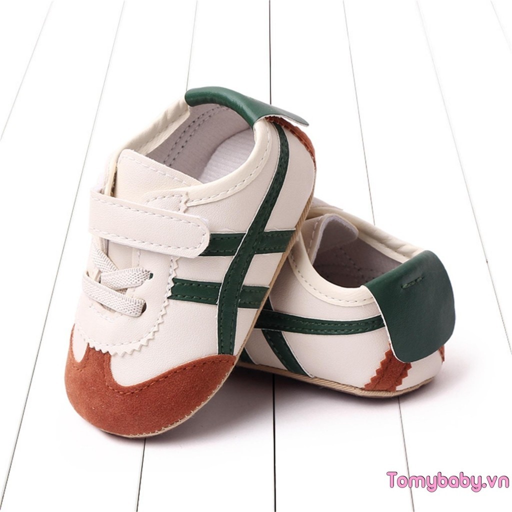 Bé Moccasins Giày Thể Thao Màu Sắc Tương Phản Sọc Da PU Chống Trơn Trượt Đế Prewalker Giày Tập Đi Đầu Tiên Cho Bé Trai Bé Gái