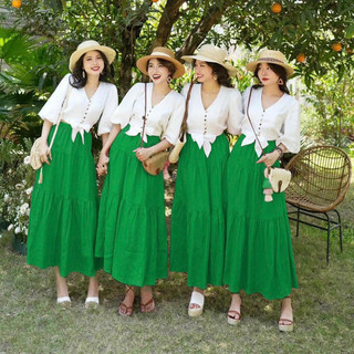 SET ÁO SƠ MI CROPTOP CHÂN VÁY MAXI TƠ ĐŨI CAO CẤP VN