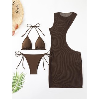 Đồ Bơi Nữ Beep Nâu Sáng Dệt Dây Rỗng Ra Dài Bao Đầm Ba Mảnh Bikini Đồ Bơi Bộ