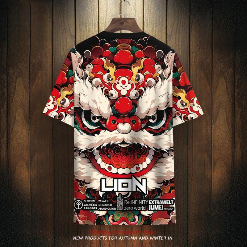 Áo thun ngắn tay phong cách Trung Quốc Nam mùa hè Thời trang mới Lion Dance In plus Size dáng rộng và mỏng thoáng khí tay ngắn