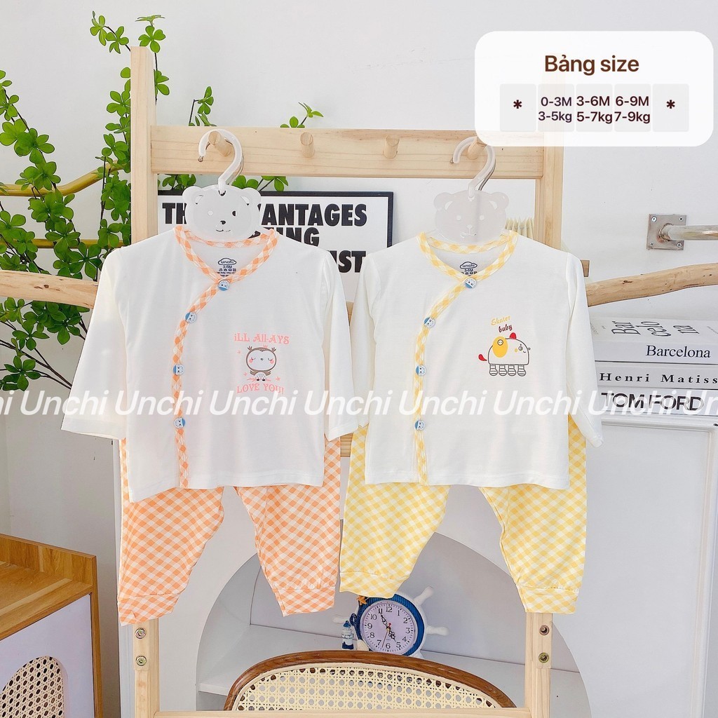 [UNCHI] Bộ dài sơ sinh pettit thiết kế viền chéo kẻ phối quần đáp đũng cho bé từ 4 tới 10kg nhiều màu lựa chọn - HD24