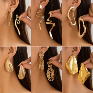 Xuyên biên giới Châu Âu và Mỹ Ins Nếp Nhăn Kết Cấu Kim Loại Bông Tai Phóng Đại Không Đều Bông Tai Kinh Doanh Bông Tai Giọt