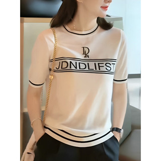 Mùa hè Phong Cách Mới Phiên Bản Hàn Quốc Jacquard Màu Sắc Tương Phản Áo Len Lụa Băng Tay Ngắn Nữ Tính Khí Phù Hợp Với Tất Cả Trận Đấu Thường Ngày Ôm Hơn Nhìn Áo Thun Top