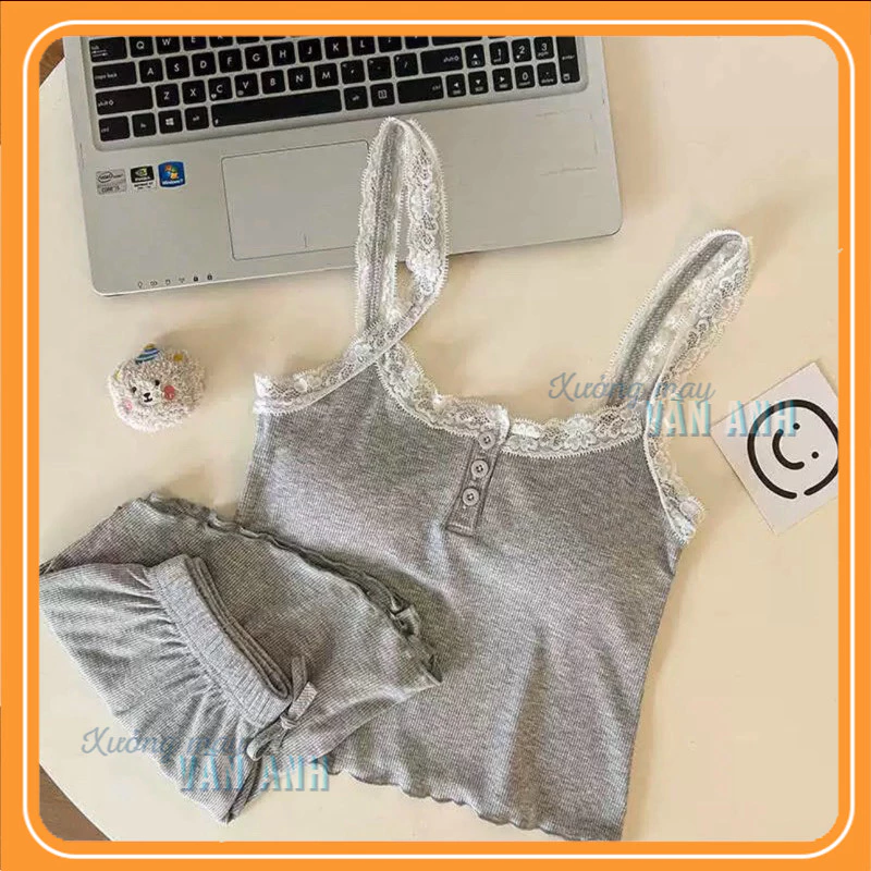 Bộ đồ ngủ mặc nhà PHỐI REN Áo Hai Dây Phối Quần Short chất mát kèm mút