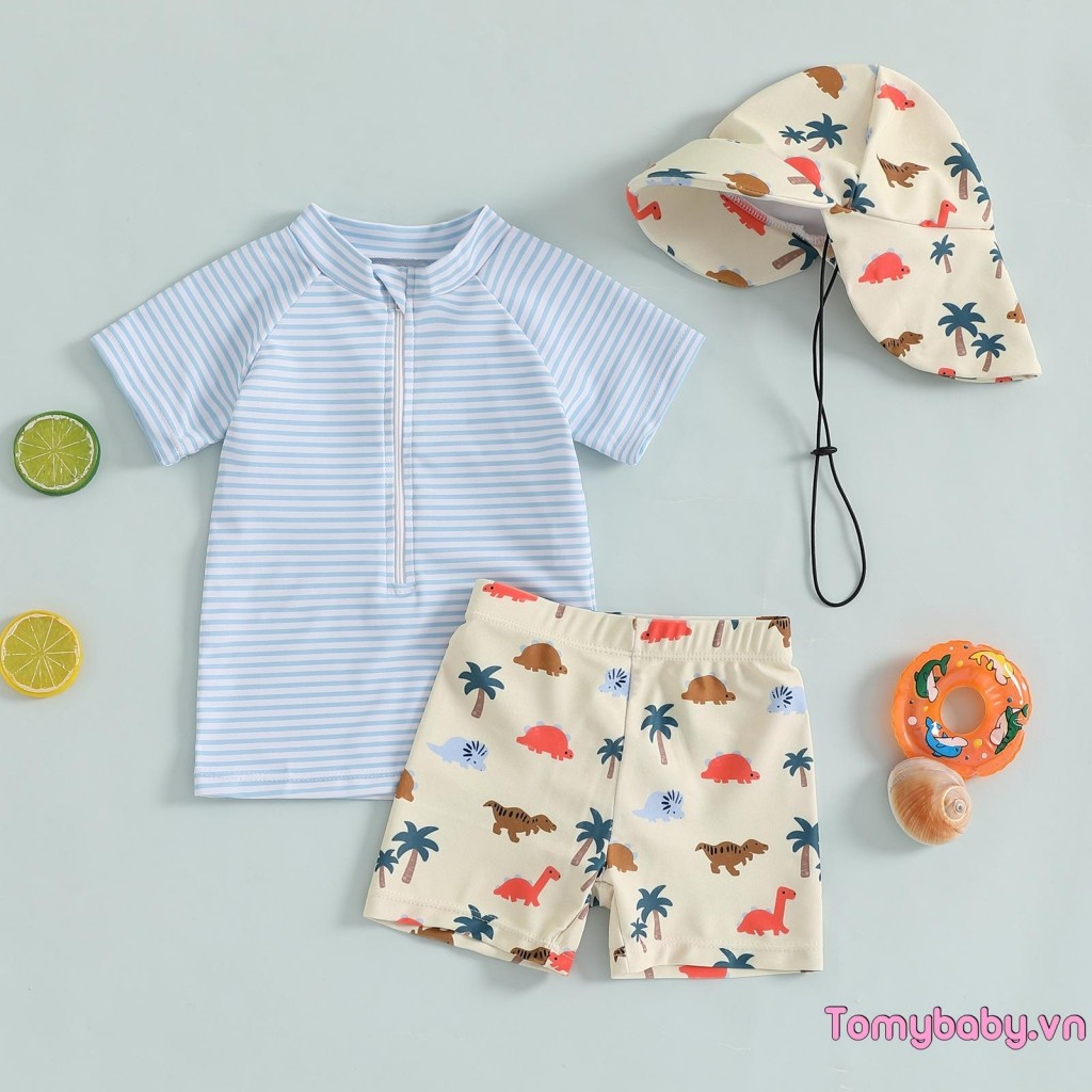 Bộ đồ bơi 3 mảnh cho bé trai mới biết đi Áo ngắn tay + Quần bơi in hình rùa + Bộ đồ tắm có mũ bơi