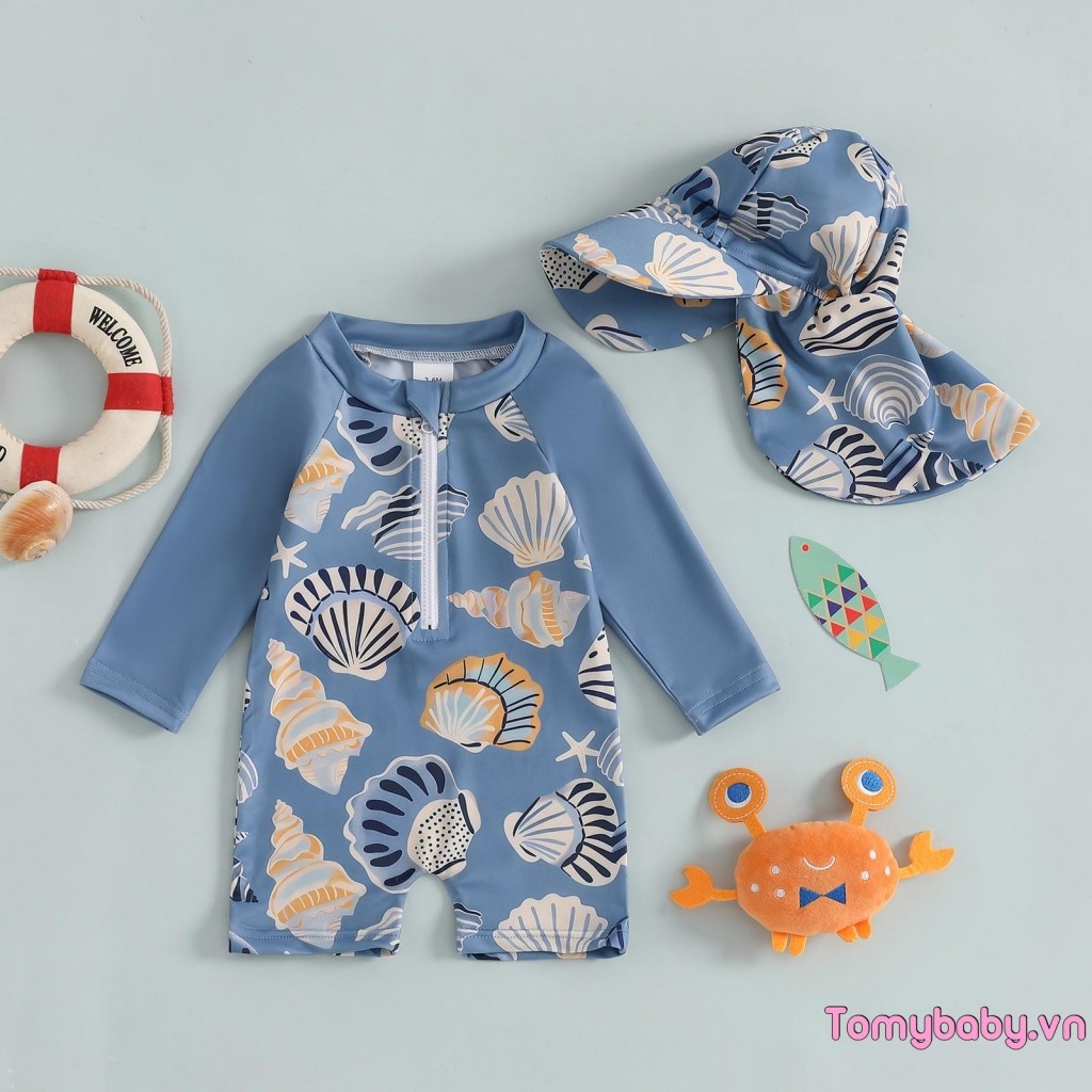Trẻ mới biết đi Rash Guard Đồ bơi có mũ Seahorse Shell Pattern Zip Up Đồ bơi dài tay cho bé trai bé gái