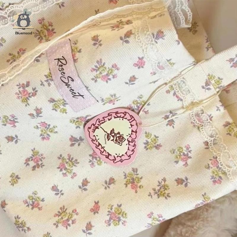 [Bluemood] Túi Tote họa tiết hoa vỡ dung tích lớn thời trang ngọt ngào với nơ ren Túi xách lưu trữ Túi xách vải mới