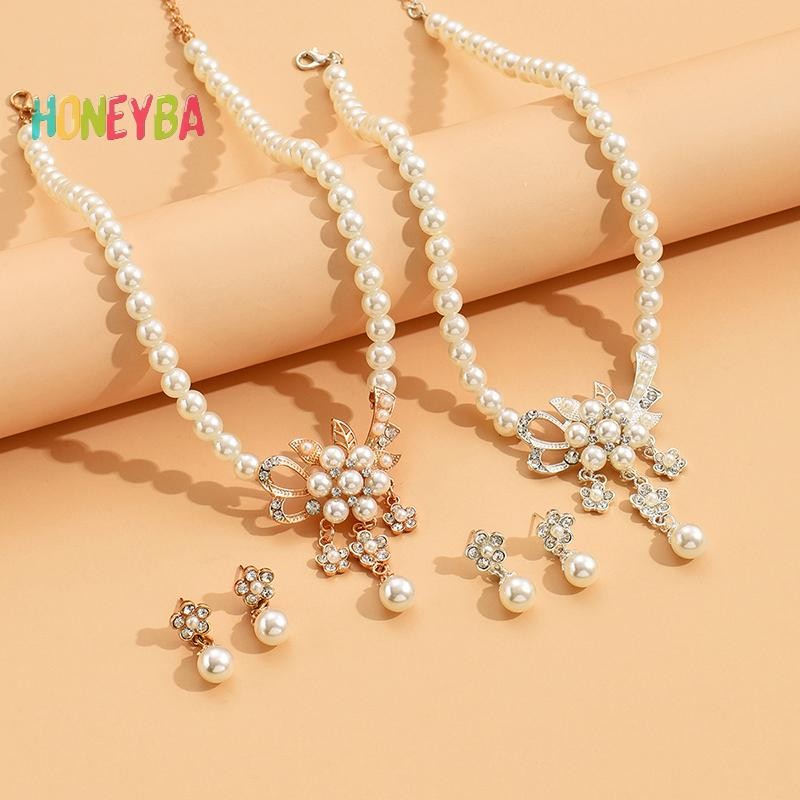 < Honeyba > 1 Bộ Vòng Cổ Nữ Đính Hạt Bóng Ngọc Trai Giả Kim Cương Giả Nhúng Vòng Cổ Hoa Bông Tai Bộ