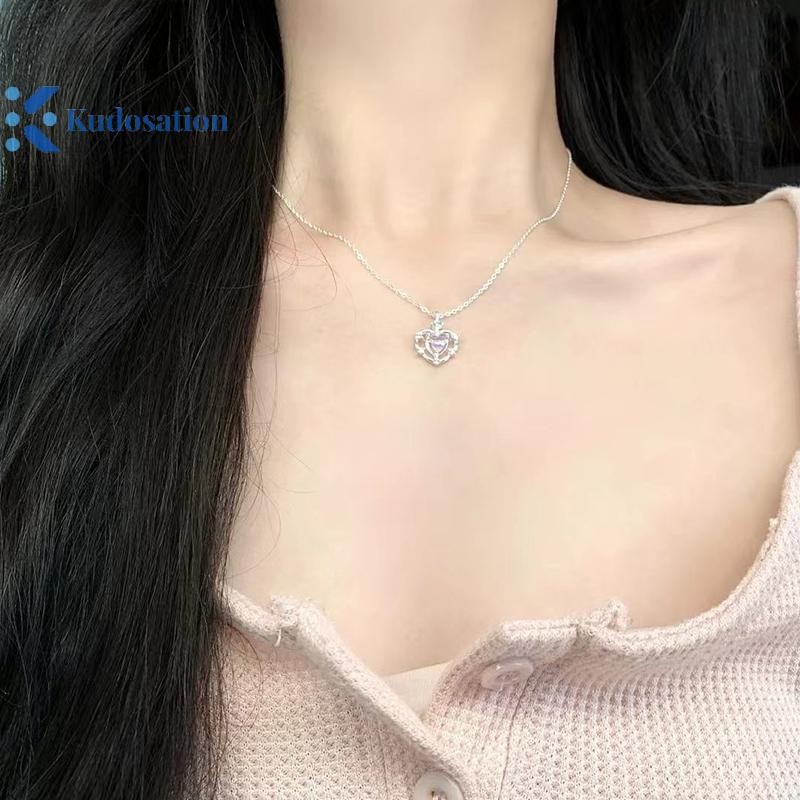 Kudosation Moonstone Neon Vòng Cổ Trái Tim Rỗng Nữ Nhẹ Sang Trọng Thiết Kế Cao Cấp Cảm Giác Tính Khí Vòng Cổ Đơn Giản Trang Sức Dự Tiệc Quà Tặng