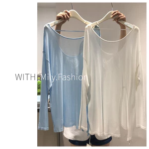 Milyfahsion Mùa Hè Rời Kích Thước Lớn Ôm Hơn Nhìn Cổ Tròn Dây Mỏng Hơi Trong Suốt Khe Chống Nắng Dài Tay B