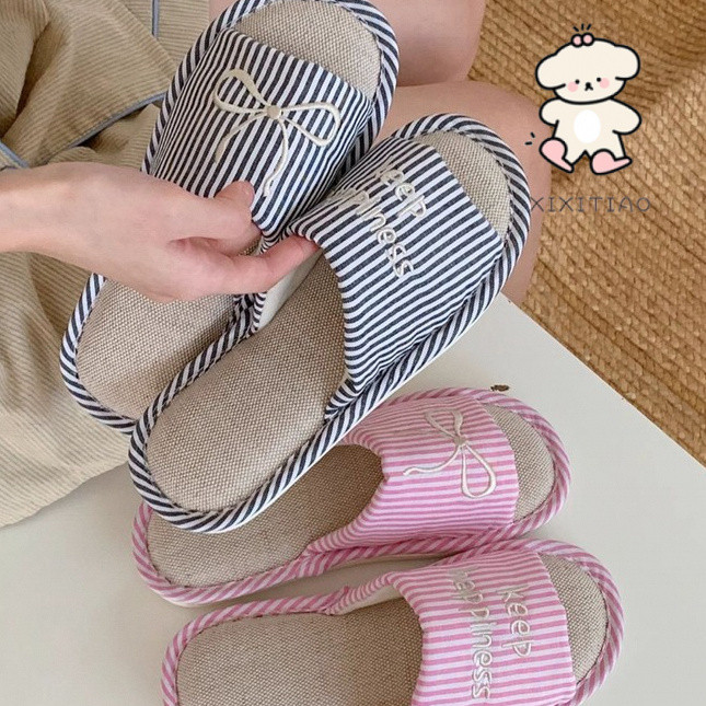 Xixitiao Retro Nơ Vải Lanh Dép Phong Cách Nhật Bản Màu Sắc Tương Phản Phòng Ngủ Nữ Hộ Gia Đình Bốn Mùa Đa Năng Thoải Mái Hút Mồ Hôi Sàn Giày
