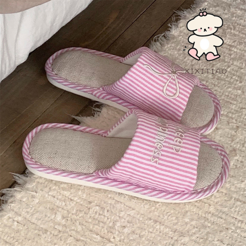 Xixitiao Retro Nơ Vải Lanh Dép Phong Cách Nhật Bản Màu Sắc Tương Phản Phòng Ngủ Nữ Hộ Gia Đình Bốn Mùa Đa Năng Thoải Mái Hút Mồ Hôi Sàn Giày