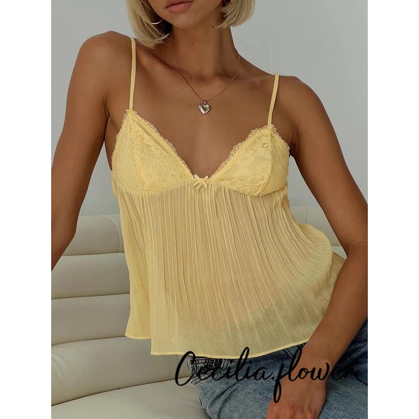 Nữ Xếp Ly Camisole Mini Nơ Trước Spaghetti Dây Đeo Cổ Chữ V Ren Crop Top