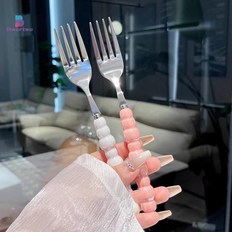 < Beartwo > Phuộc Tay Cầm Ngọc Trai Cho Món Tráng Miệng Gia Đình Bít Tết Inox Nĩa Salad Món Tráng Miệng Pasta Nĩa Phụ Kiện Nhà Bếp Tiện Ích Đẹp