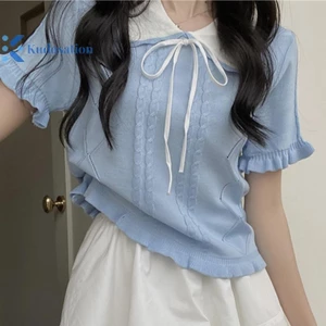 Kudosation Mùa Hè Hàn Quốc Nơ Ngọt Ngào Cổ Búp Bê Tay Ngắn Dệt Kim Áo Thun Nữ Đẹp