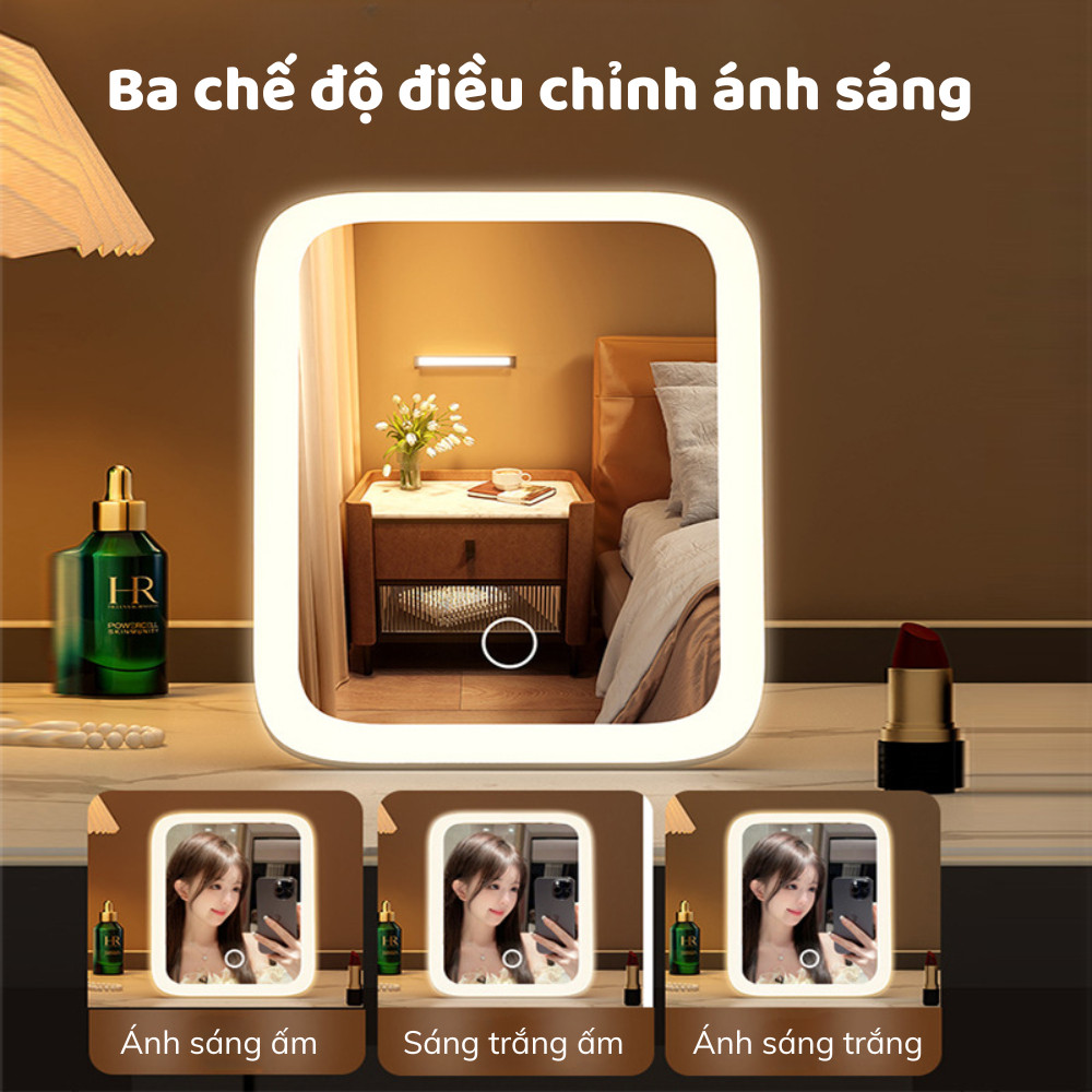 Gương Trang Điểm LED Để Bàn Cảm Ứng 3 Chế Độ Sáng Pin Sạc 1200mAh Xoay 360 Độ