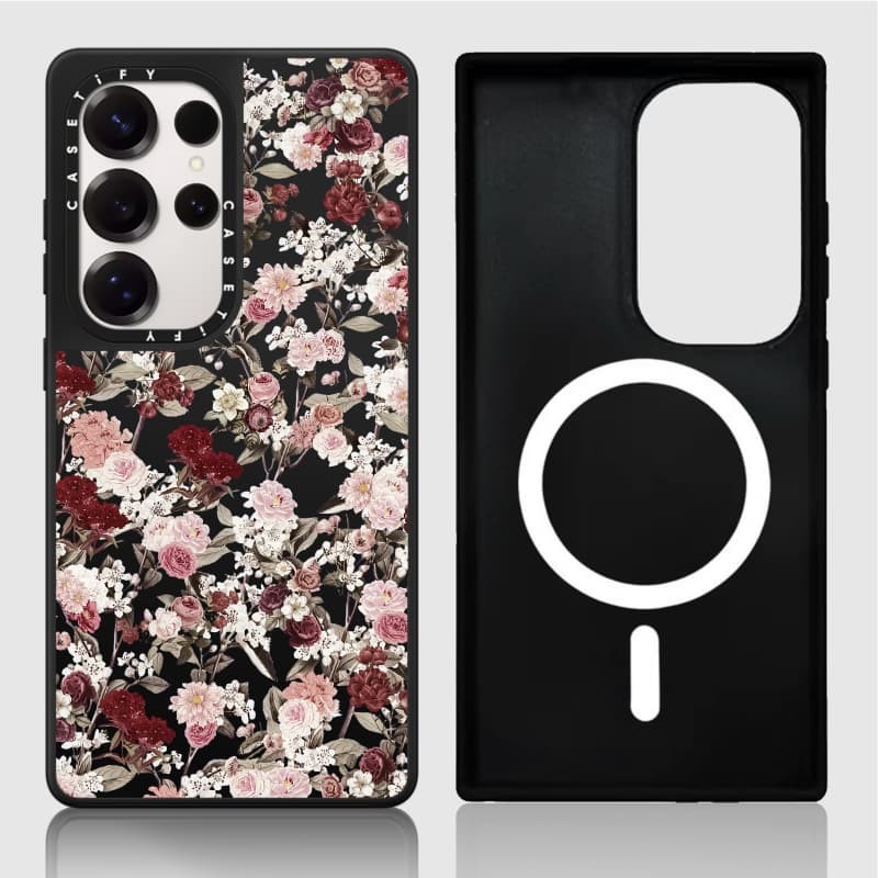 Casetify X Ốp lưng in hoa Matte Black & Sliver Mirror Vỏ hút từ tính Samsung Galaxy S23 S24 S25 Ultra Plus Mặt sau cứng có hộp khắc logo
