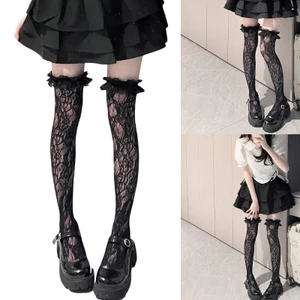 XGB Fishnet Đùi Cao Tất Cho Nữ Ruffle Viền Hoa Ren Trên Đầu Gối Tất
