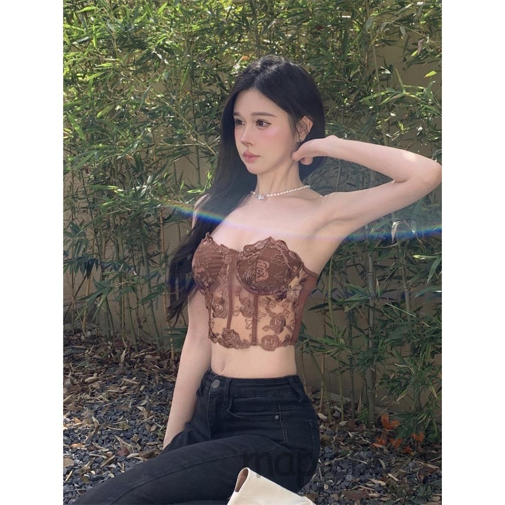 Maplepoet-áo ngực nữ thêu hoa xuyên thấu áo ngực lệch vai