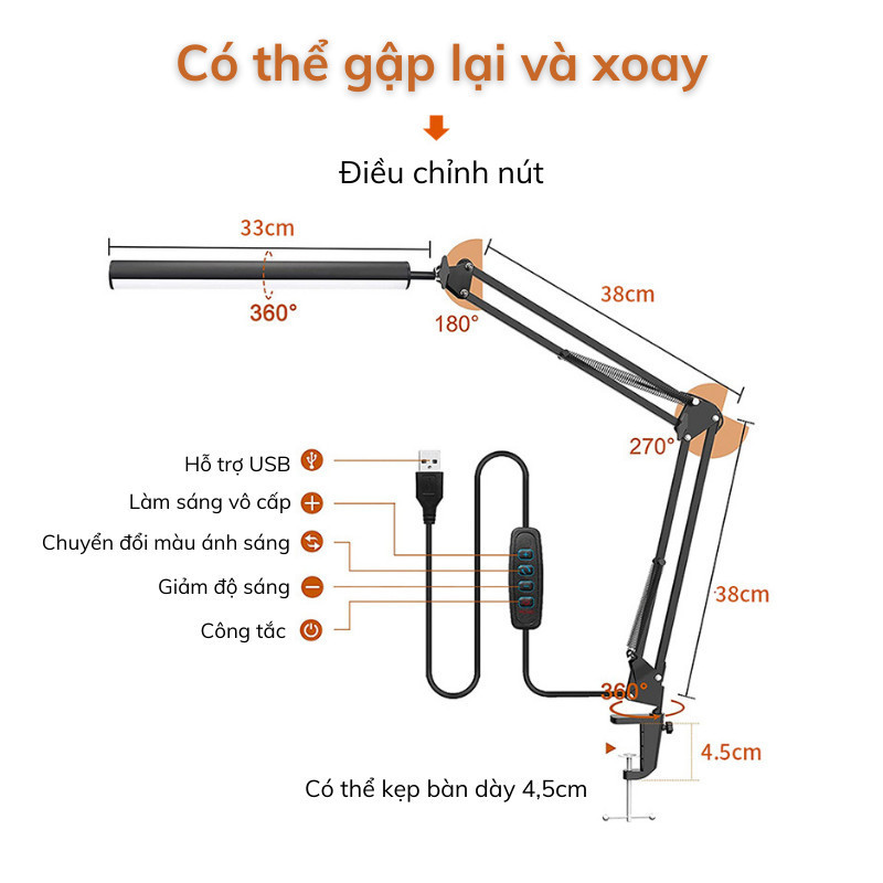 12W Mới Đèn Led bàn học bảo vệ mắt SG DECOR kẹp bàn gấp gọn Đèn kẹp bàn điều chỉnh kích thước phổ rộng cao cấp | BigBuy360 - bigbuy360.vn