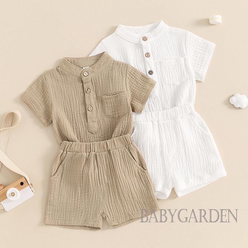 Baga-6 tháng-4year Bé Trai Bộ 2 Quần Áo Cổ Tròn Tay Ngắn + Quần Short Eo Co Giãn