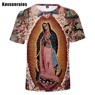 Guadalupe Virgin Mary Công Giáo Áo Thun Nam Unisex Thời Trang Thường Ngày 3D In Áo Mùa Hè Bông Tai Kẹp Dạo Phố Quá Khổ Áo