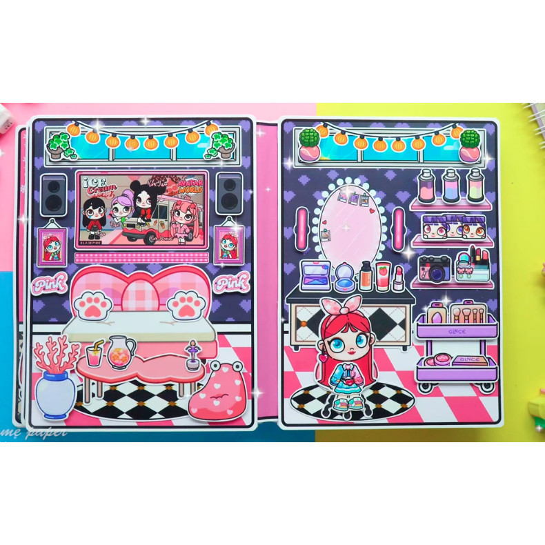 Búp bê giấy tocaboca đồ chơi giấy AVATAR Black Pink Mansion Quiet Book -ĐỒ CHƠI THỦ CÔNG DIY