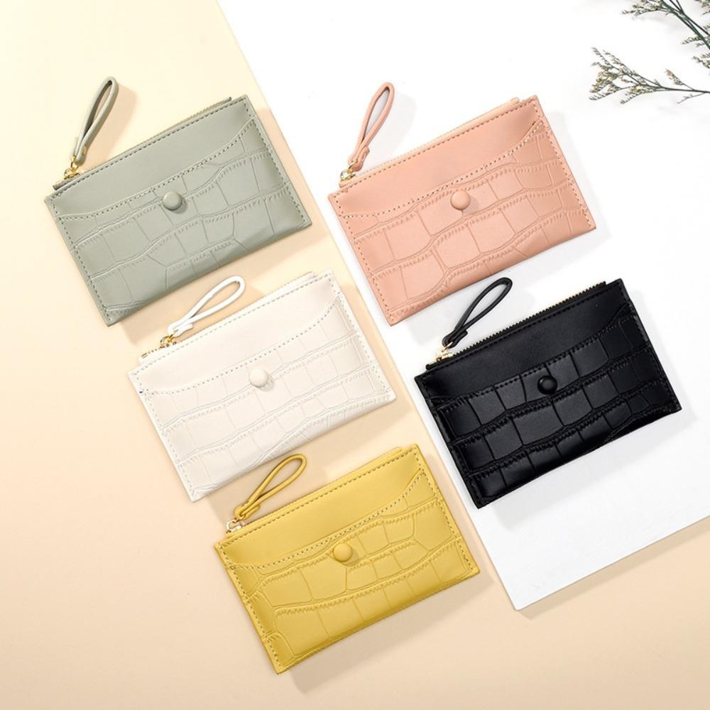 Ví ngắn, Ví đựng tiền xu mỏng bằng da PU, Hộp đựng thẻ dây kéo màu trơn thời trang dành cho nữ