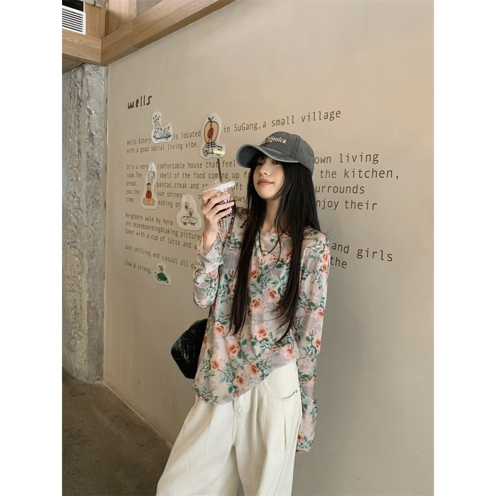 Milyfashion Rời Kích Thước Lớn Thường Ngày Retro Hoa Dài Tay Đáy Áo Sơ Mi Phong Cách Mới Mùa Hè Chống Nắng Quần Áo Tulle Bên Ngoài Top