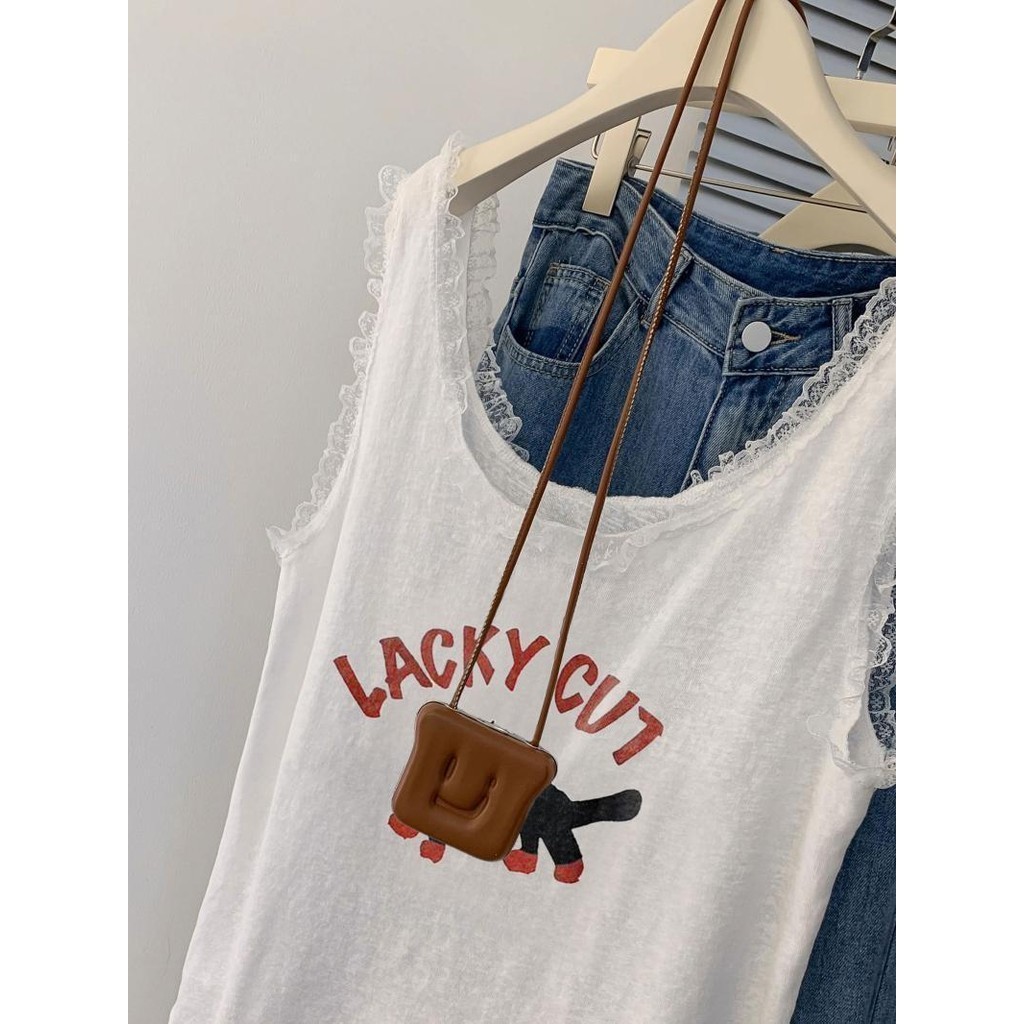 Milyfashion Loose Size Lớn Ren Trắng Khâu Sling Không Tay Top Mặc Ngoài Mèo Đen In Hình Dễ Thương Thường Ngày Phong Cách Ba Lê