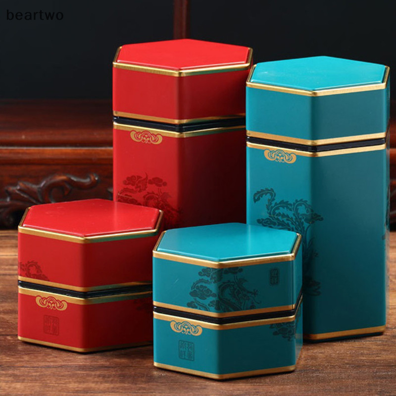 < Beartwo > Ấm trà hình lục giác sáng tạo Hộp thiếc Trung Quốc Hộp đựng trà di động kín Hộp trà rỗng Bộ trà Phụ kiện đẹp