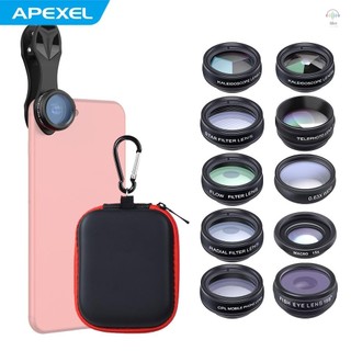 Hilivn) Bộ ống kính máy ảnh điện thoại 10 trong 1 APEXEL với góc rộng 0,63X + Macro 15X + 198°Fisheye + Telephoto 2X + CPL + Bộ lọc sao + Bộ lọc xuyên tâm + Bộ lọc lưu lượng + Kính vạn hoa 3 + Kale