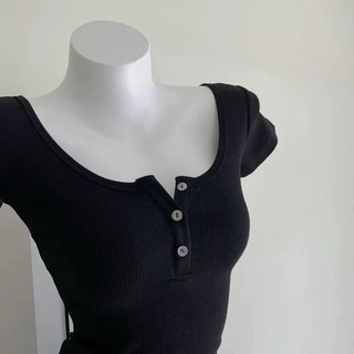 Áo Thun Tay Ngắn Cúc Cài Kiểu Babytee Croptop Chất Tăm