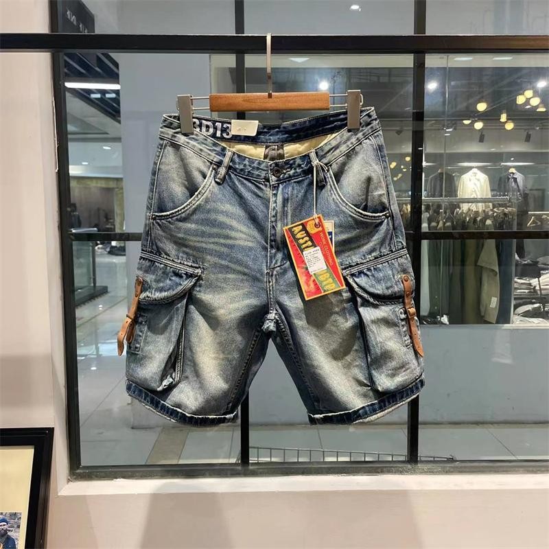 Hàng Cứng Hợp Thời Trang Công Nghiệp Nặng Rửa Đau Khổ Frayed Ami Kaki Vintage Nam Thẳng Rời Denim Năm Điểm Quần Short