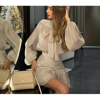 Set Sơ mi Zara made in Morocco lụa tơ nơ cổ nữ tính và chân váy cùng bộ