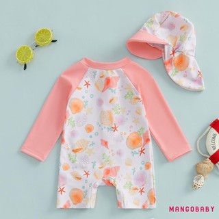 Mg-toddler Girls Rash Guard Đồ bơi có mũ 2 chiếc Bộ vỏ họa tiết Zip Up dài tay cổ tròn Đồ bơi bé gái