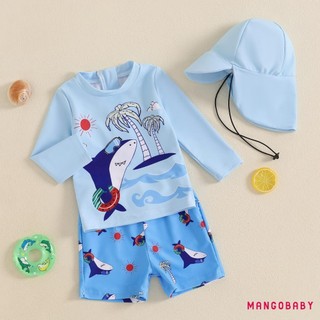 Bộ đồ bơi MG-Kid Boys Rash Guard Áo cổ tròn dài tay họa tiết chống nắng với quần short cá mập và mũ bơi