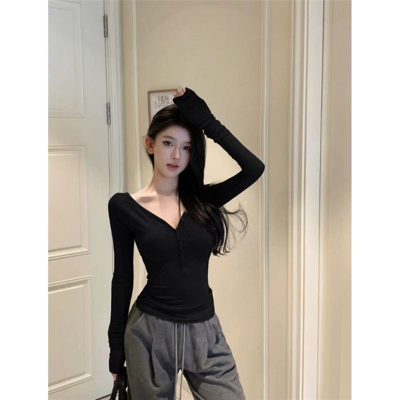 Milyfashion Pure Desire Dài Tay T Gợi Cảm Cổ Chữ V Lộ Xương Cổ Ôm Đáy Đơn Giản Phù Hợp Với Áo tee Cho Bé