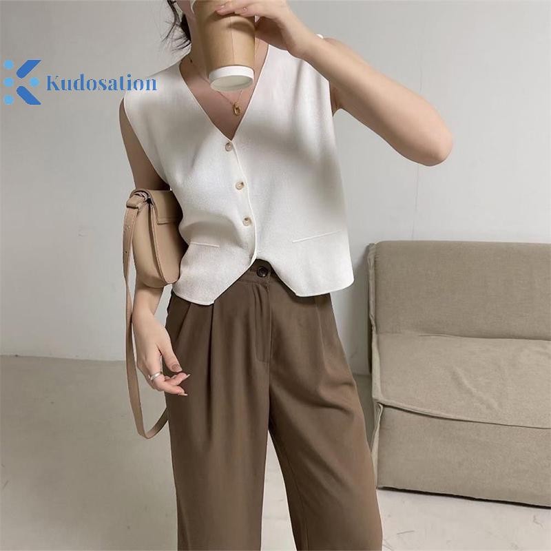 Kudosation Nữ Sang Trọng Cổ Chữ V Dệt Kim Áo Nhân Quả Ngắn Tay Áo Vest Áo Retro Màu Trơn Áo Thun Đẹp