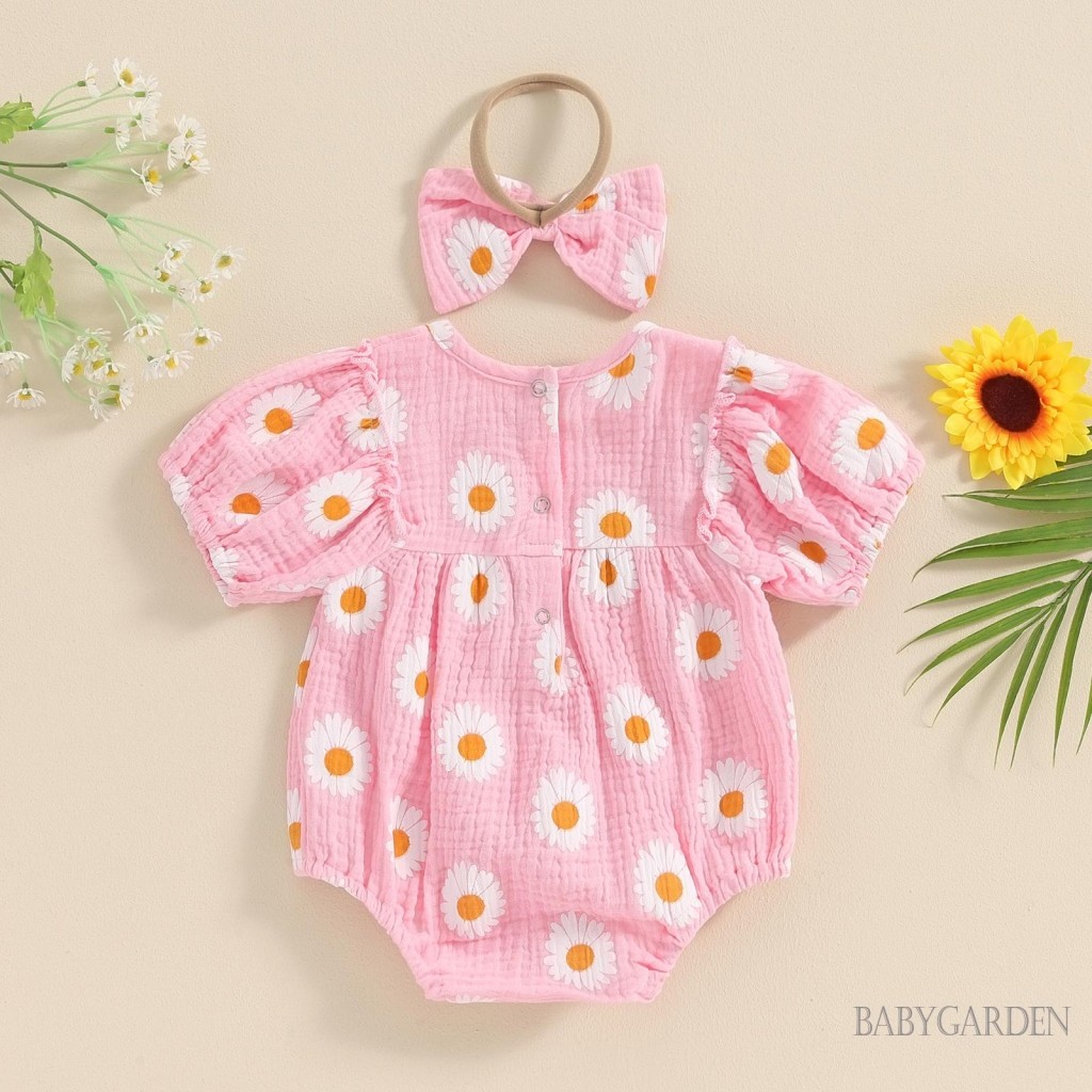 Baga-baby Bé Gái Rompers Có Băng Đô In Hoa Cúc Tay Ngắn Cổ Tròn Cho Trẻ Sơ Sinh Body Quần Áo Mùa Hè