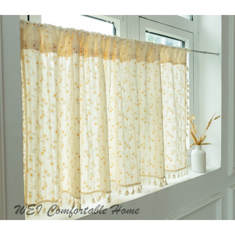 Rèm cotton hoa cúc tua rua kiểu Nhật cho cửa sổ bếp, ngắn, trang trí cửa cà phê