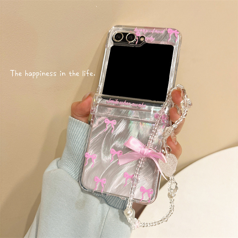 Hàn Quốc Nơ Dễ Thương Trong Suốt Z flip 5 flip 4 flip 3 Vỏ Điện Thoại Có Dây Xích Pha Lê Cho Samsung Galaxy Z Flip5 Flip4 flip3 Ốp Lưng
