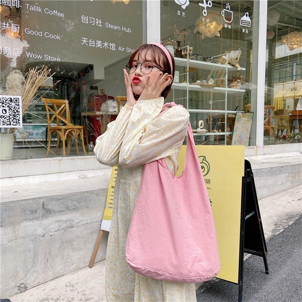 Túi đeo vai HOBBYIN, Túi Tote sức chứa lớn hàng ngày, Túi vải thắt nút màu trơn sáng tạo dành cho sinh viên