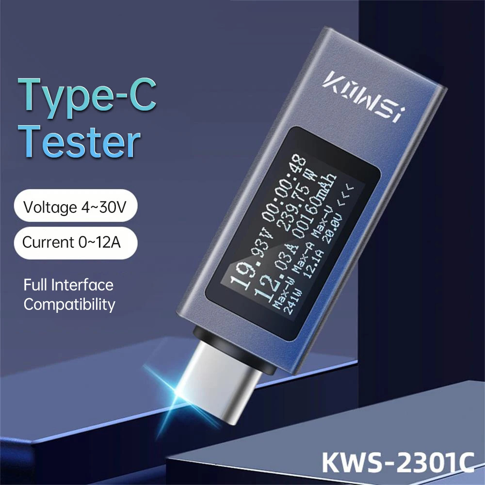 KWS-2101C Màn hình kỹ thuật số đa chức năng DC Ampe kế điện áp Máy đo công suất Type-c Máy kiểm tra sạc điện thoại di động DC 4-30V 0-12A